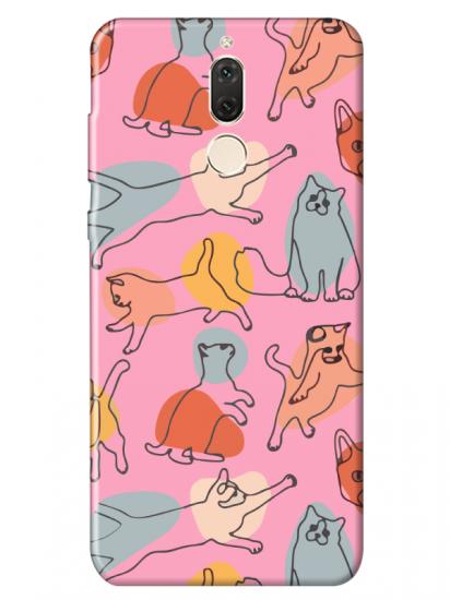 Huawei Mate 10 Lite Kedi Figürleri Pembe Telefon Kılıfı