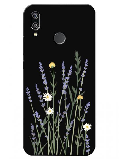 Huawei P20 Lite Lavanta Desenli Siyah Telefon Kılıfı