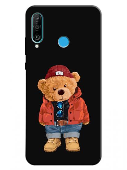 Huawei P30 Lite Teddy Bear Siyah Telefon Kılıfı