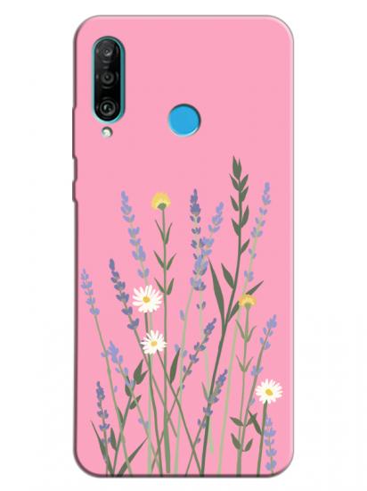 Huawei P30 Lite Lavanta Desenli Pembe Telefon Kılıfı