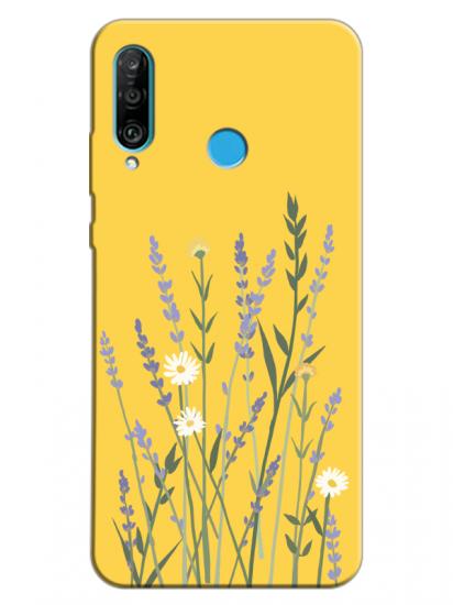 Huawei P30 Lite Lavanta Desenli Sarı Telefon Kılıfı