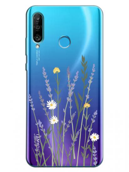 Huawei P30 Lite Lavanta Desenli Şeffaf Telefon Kılıfı