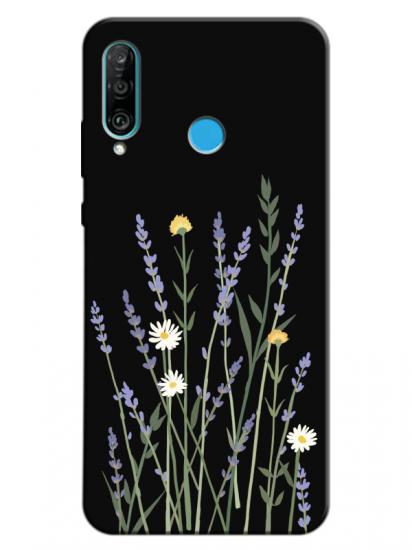 Huawei P30 Lite Lavanta Desenli Siyah Telefon Kılıfı