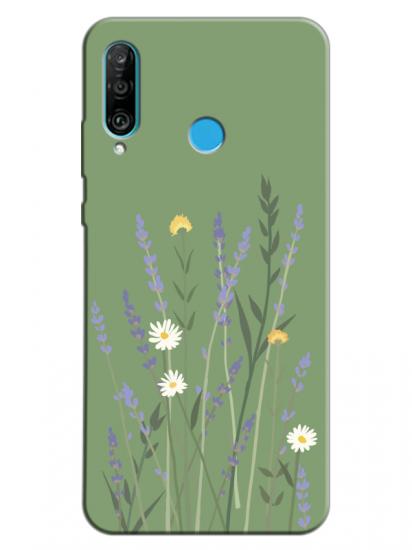 Huawei P30 Lite Lavanta Desenli Yeşil Telefon Kılıfı