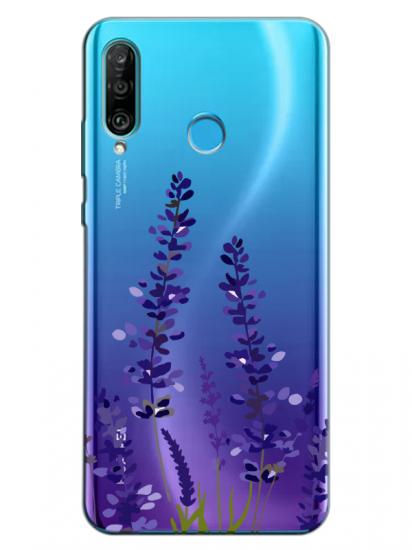 Huawei P30 Lite Lavanta Desenli Şeffaf Telefon Kılıfı