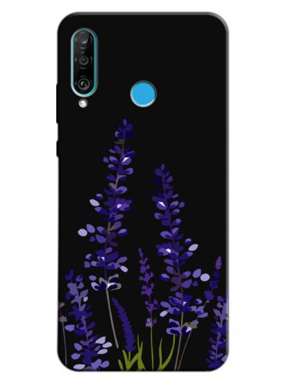 Huawei P30 Lite Lavanta Desenli Siyah Telefon Kılıfı