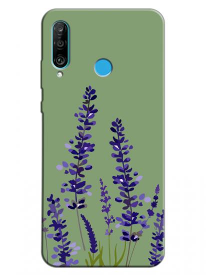 Huawei P30 Lite Lavanta Desenli Yeşil Telefon Kılıfı