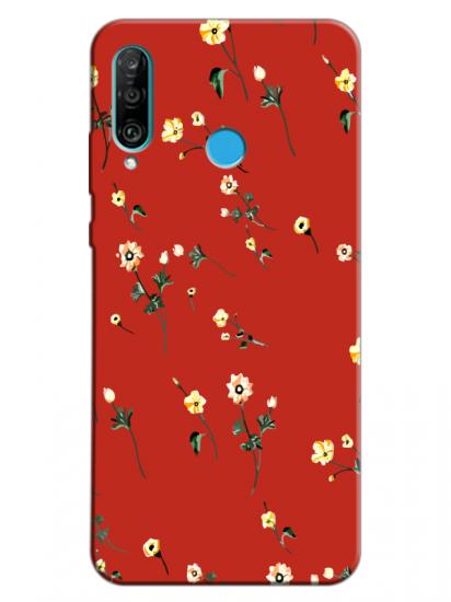 Huawei P30 Lite Çiçekli Kırmızı Telefon Kılıfı