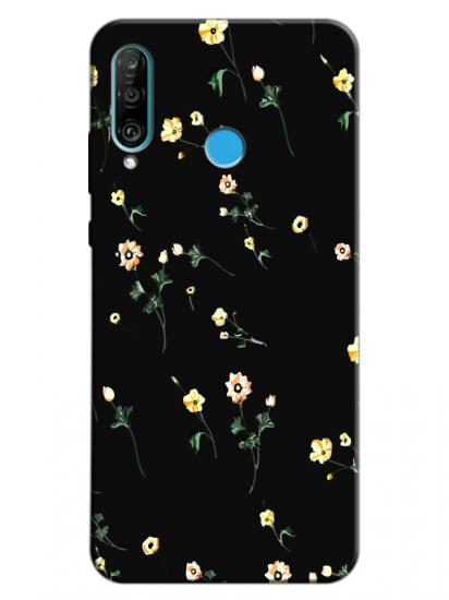 Huawei P30 Lite Çiçekli Siyah Telefon Kılıfı