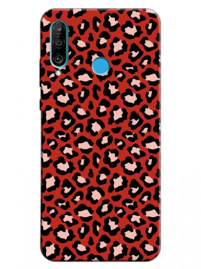 Huawei P30 Lite Leopar Desenli Kırmızı Telefon Kılıfı