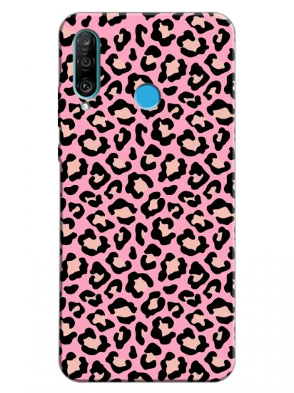 Huawei P30 Lite Leopar Desenli Pembe Telefon Kılıfı