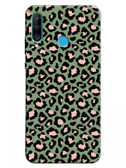 Huawei P30 Lite Leopar Desenli Yeşil Telefon Kılıfı