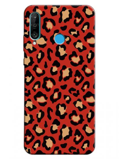 Huawei P30 Lite Leopar Desenli Kırmızı Telefon Kılıfı