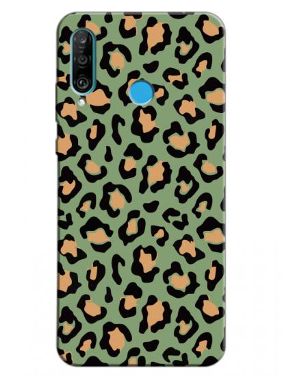 Huawei P30 Lite Leopar Desenli Yeşil Telefon Kılıfı