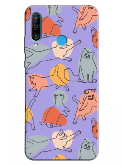 Huawei P30 Lite Kedi Figürleri Lila Telefon Kılıfı