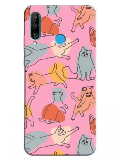 Huawei P30 Lite Kedi Figürleri Pembe Telefon Kılıfı