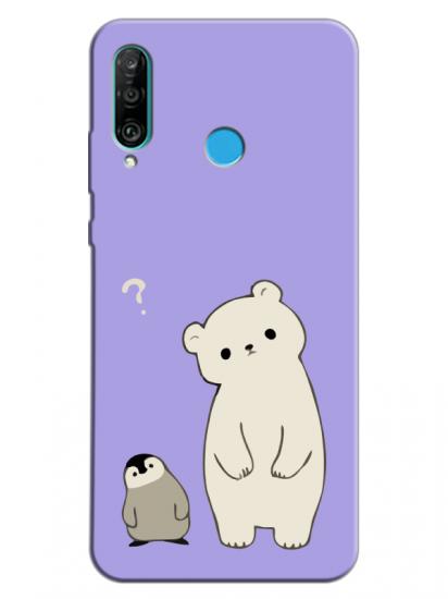 Huawei P30 Lite Penguen Ve Ayıcık Lila Telefon Kılıfı