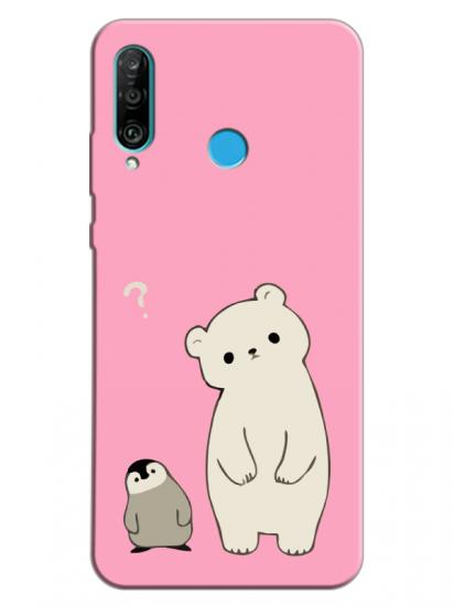 Huawei P30 Lite Penguen Ve Ayıcık Pembe Telefon Kılıfı