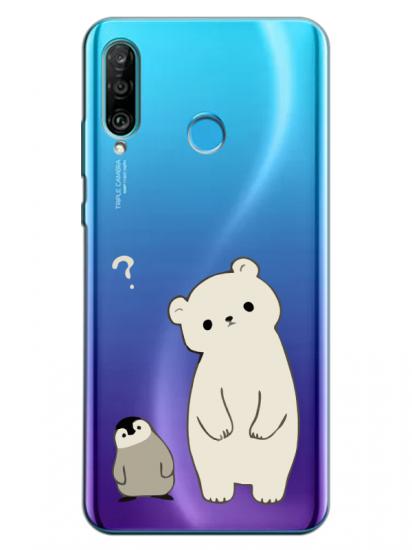 Huawei P30 Lite Penguen Ve Ayıcık Şeffaf Telefon Kılıfı