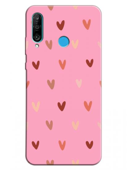 Huawei P30 Lite Kalp Desen Pembe Telefon Kılıfı