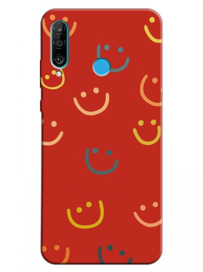 Huawei P30 Lite Emoji Gülen Yüz Kırmızı Telefon Kılıfı