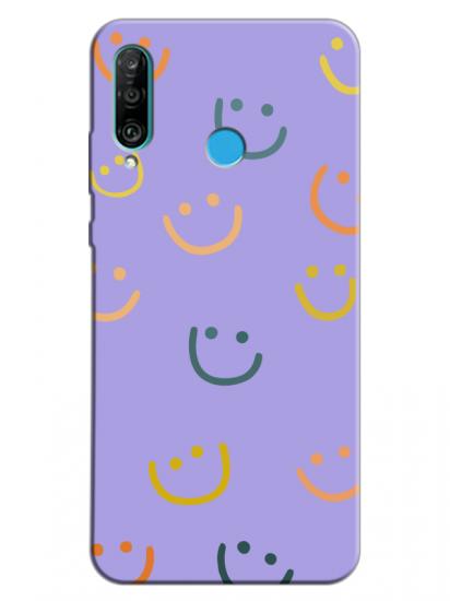 Huawei P30 Lite Emoji Gülen Yüz Lila Telefon Kılıfı