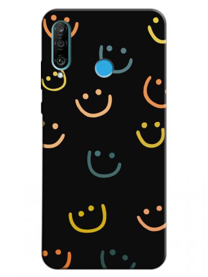 Huawei P30 Lite Emoji Gülen Yüz Siyah Telefon Kılıfı