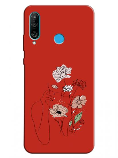 Huawei P30 Lite Kadın Çiçek Kırmızı Telefon Kılıfı