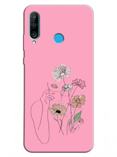 Huawei P30 Lite Kadın Çiçek Pembe Telefon Kılıfı