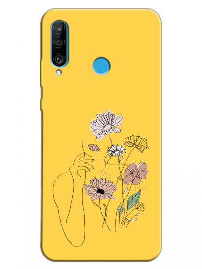 Huawei P30 Lite Kadın Çiçek Sarı Telefon Kılıfı