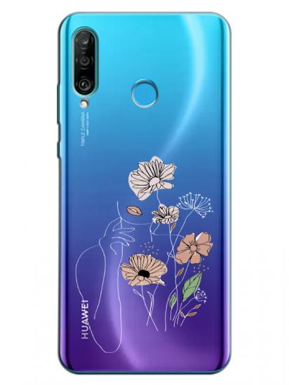 Huawei P30 Lite Kadın Çiçek Şeffaf Telefon Kılıfı