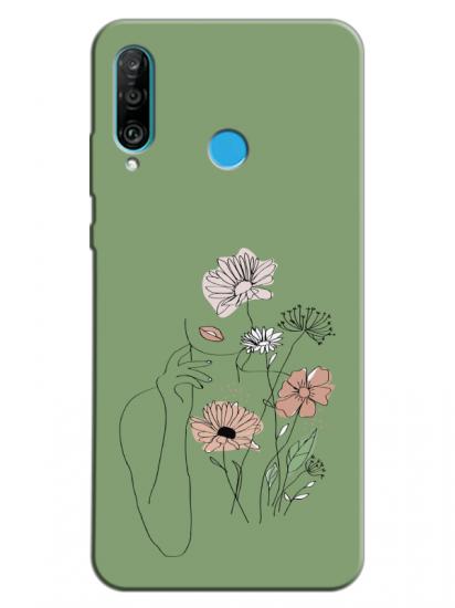 Huawei P30 Lite Kadın Çiçek Yeşil Telefon Kılıfı