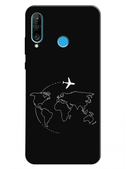 Huawei P30 Lite Harita Uçak Siyah Telefon Kılıfı