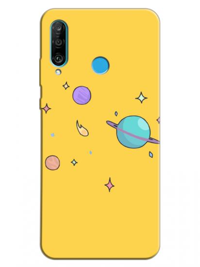 Huawei P30 Lite Gezegen Tasarım Sarı Telefon Kılıfı