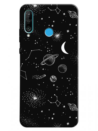 Huawei P30 Lite Gezegenler Siyah Telefon Kılıfı