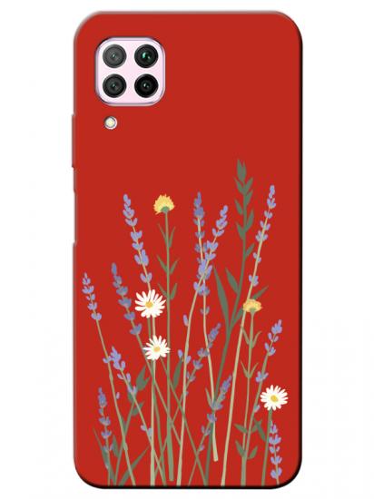 Huawei P40 Lite Lavanta Desenli Kırmızı Telefon Kılıfı