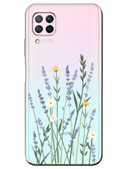 Huawei P40 Lite Lavanta Desenli Şeffaf Telefon Kılıfı