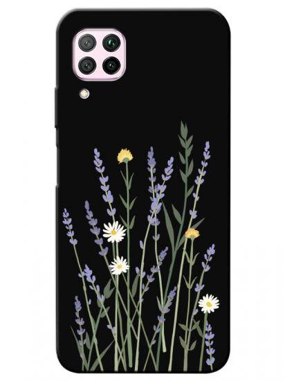 Huawei P40 Lite Lavanta Desenli Siyah Telefon Kılıfı