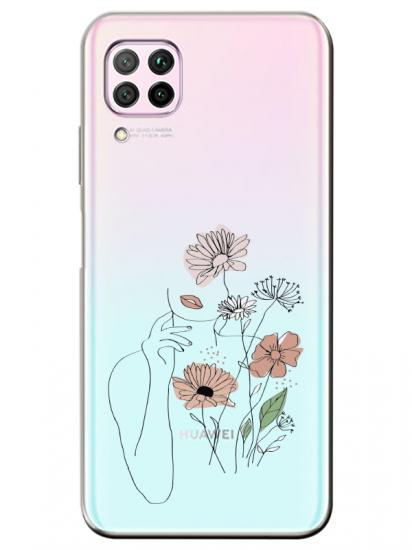 Huawei P40 Lite Kadın Çiçek Şeffaf Telefon Kılıfı