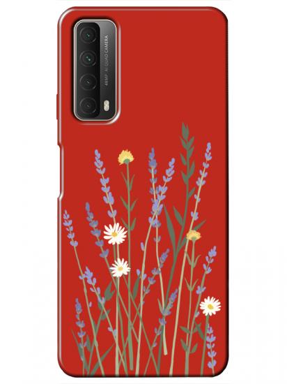 Huawei P Smart 2021 Lavanta Desenli Kırmızı Telefon Kılıfı