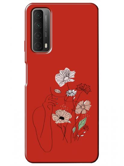 Huawei P Smart 2021 Kadın Çiçek Kırmızı Telefon Kılıfı