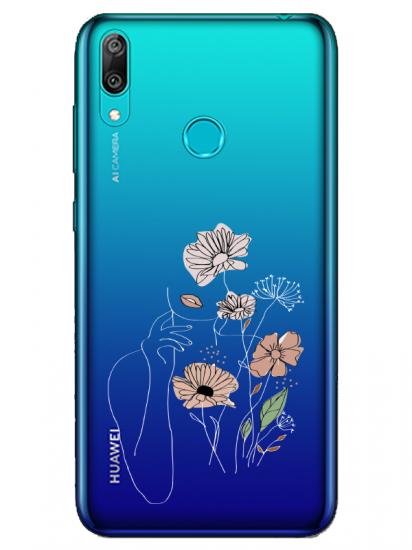 Huawei Y7 2019 Kadın Çiçek Şeffaf Telefon Kılıfı