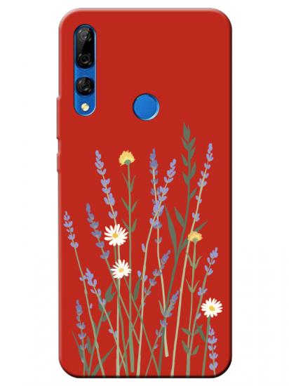 Huawei Y9 Prime 2019 Lavanta Desenli Kırmızı Telefon Kılıfı