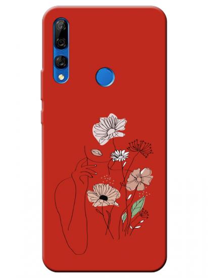 Huawei Y9 Prime 2019 Kadın Çiçek Kırmızı Telefon Kılıfı