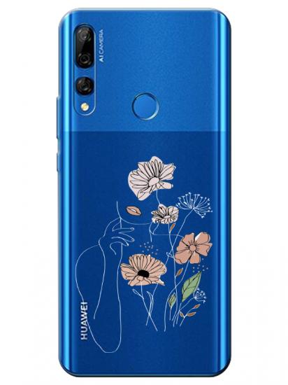 Huawei Y9 Prime 2019 Kadın Çiçek Şeffaf Telefon Kılıfı