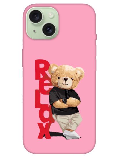 iPhone 15 Plus Teddy Bear Relax Pembe Telefon Kılıfı