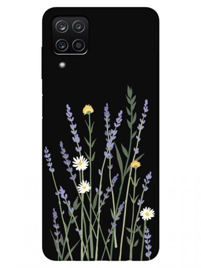 Samsung A12 Lavanta Desenli Siyah Telefon Kılıfı