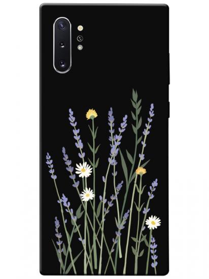 Samsung Note 10 Plus Lavanta Desenli Siyah Telefon Kılıfı