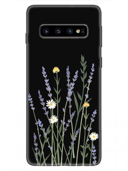 Samsung S10 Lavanta Desenli Siyah Telefon Kılıfı