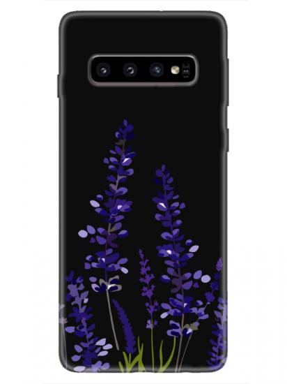 Samsung S10 Lavanta Desenli Siyah Telefon Kılıfı